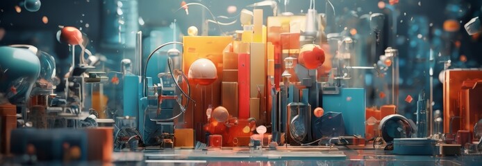 Poster - a digital art piece featuring a cityscape with various objects and structures, including buildings, pipes, and spheres, rendered in a vibrant color palette.