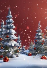 Wall Mural - A snowy winter scene with Christmas trees and ornaments, set against a red sky with falling snowflakes.