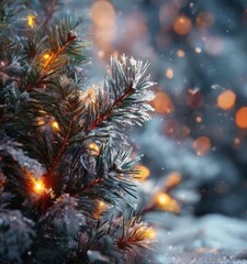 Wall Mural - A close-up view of a snow-covered evergreen tree branch adorned with twinkling Christmas lights, set against a blurred background of bokeh lights.