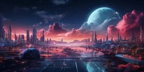 Wall Mural - The city of the future, a futuristic metropolis, is bathed in the soft glow of a large, luminous moon. The cityscape is a blend of towering skyscrapers and futuristic