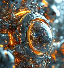 Wall Mural - close-up view of a metallic, futuristic object with a circular opening, reflecting a cityscape. The object is predominantly silver and orange in color, with a reflective surface