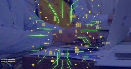 Poster - Animation of connections over caucasian businessman using computer in office
