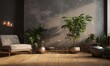 © Nipon - A modern living room with a gray wall, wooden floor, and a white sofa, complemented by three potted plants and a large metal sculpture.