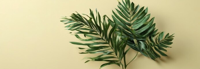 Two large palm leaves with long, thin fronds are displayed against a light yellow background.