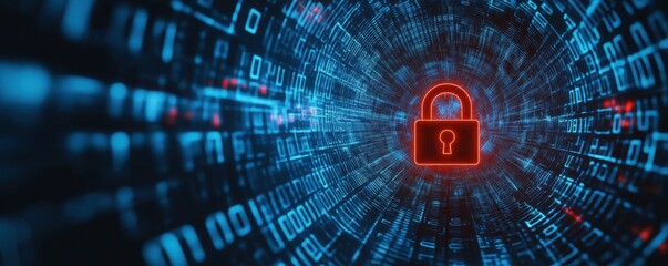 Poster - Digital security concept with glowing lock symbol and binary code in a cyber tunnel representing data protection and cybersecurity