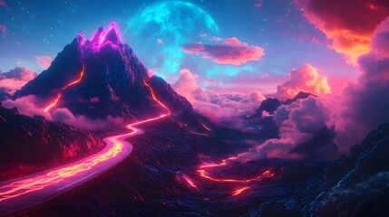 Sticker - Futuristic Mountain Landscape with Lava Flow and Neon Lights