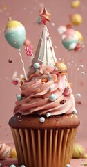 Wall Mural - A whimsical cupcake with a star on top, surrounded by colorful balloons and candies, set against a pink background.