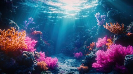 A colorful coral reef with pink and orange sea plants