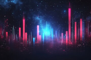 Poster - Futuristic digital trading chart with vibrant red and blue candlestick patterns against a cosmic background