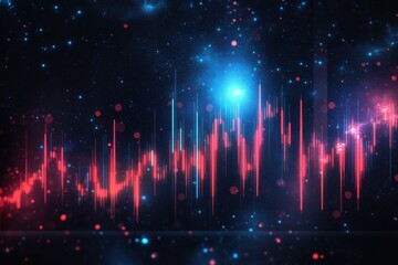 Poster - Dynamic digital trading chart with red and blue candlestick patterns in a futuristic starry digital space theme, showcasing market trends