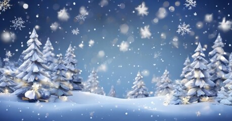 Wall Mural - A serene winter scene with snow-covered pine trees and falling snowflakes against a dark blue background.