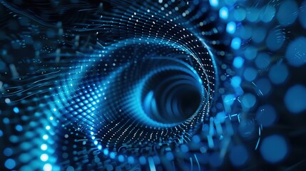 Poster - Abstract blue spiral with glowing dots. Abstract digital art of a blue spiral tunnel, ideal for themes related to technology innovation and futurism
