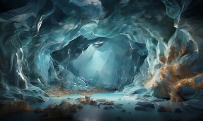 Wall Mural - a serene and ethereal ice cave, with a pool of light blue water at the bottom and a rocky shore in the foreground. The cave features a series of arched openings and walls, with a