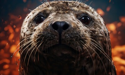 A close-up of a seal's face, with a blurred background of orange and red hues, conveying a sense of warmth and coziness.