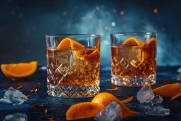 Wall Mural - Classic drink with citrus garnish in elegant cups on a dark backdrop