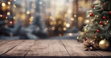 Wall Mural - A Christmas tree adorned with red ornaments and a gold star stands on a wooden table, with a blurred background of twinkling lights and a blurred cityscape.