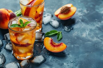 Wall Mural - Cold peach tea with dark background Peach iced tea cocktail in glasses Cool summer drink with text space