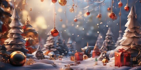 Wall Mural - A winter wonderland scene with snow-covered trees, red and gold ornaments, and a Christmas tree in the foreground, all illuminated by a warm, glowing light.