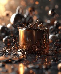 Wall Mural - A golden metallic cup with a splash of liquid, surrounded by metallic spheres and a blurred background.