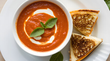 Wall Mural - A bowl of creamy tomato bisque, garnished with a swirl of cream and fresh basil leaves, served with a side of grilled cheese sandwich wedges on a white plate.