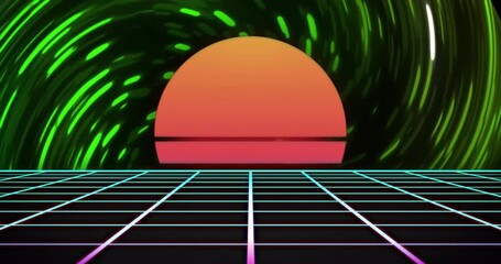 Poster - Animation of neon pattern over light trails and sunset background