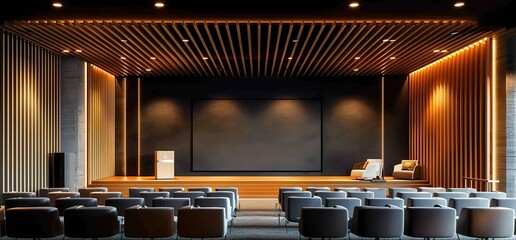 Empty auditorium with stage, projector screen, and rows of chairs. Modern design with wooden ceiling and warm lighting.