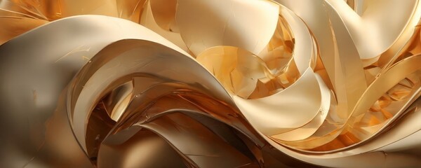 complex, abstract composition of overlapping, curving shapes in shades of gold and brown, creating a sense of depth and movement.