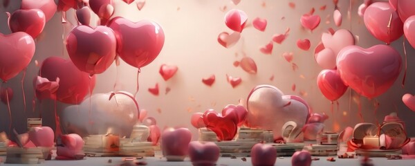 A digital illustration of a festive scene with pink heart-shaped balloons floating against a pink background, accompanied by red heart-shaped objects and candles.