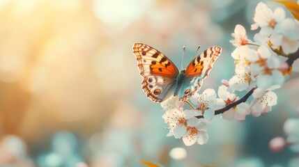 Poster - A Beautiful Butterfly Perched on Cherry Blossoms