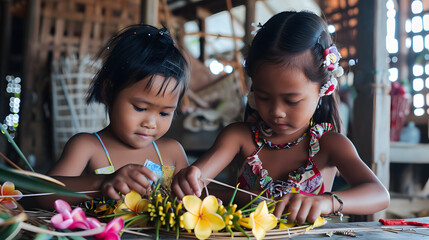 Intimate portrait of two young Pacific Islander children weaving flower garlands 