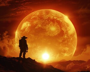  Silhouette of a lone explorer against the backdrop of a massive alien sun