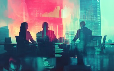 Poster - Double exposure illustration of business meeting with emerging data and cityscape background
