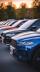 Wall Mural - Luxury cars lined up in a dealership lot at dusk under soft lighting