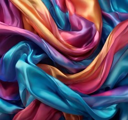 Wall Mural - vibrant abstract composition of flowing, multicolored fabric, with hues of blue, orange, and pink creating a dynamic and visually striking pattern.