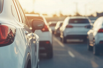 Close-up of white cars lined up in a dealership lot at golden hour