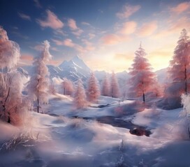 Wall Mural - A serene winter landscape with snow-covered trees and a frozen stream, set against a backdrop of majestic mountains and a vibrant sunset sky.