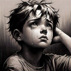 sad portrait of a person with tears, a black and white closeup of a sad boy 