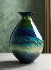 Wall Mural - Colorful Decorative glass vase with green and blue pattern on the table. Close up. ai generative