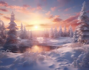 Wall Mural - A serene winter landscape at sunset, featuring a frozen lake surrounded by snow-covered trees and a vibrant sky.