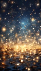 Wall Mural - a serene night scene with a dark blue background, scattered golden and white lights resembling stars, and a reflective surface with rippling water.