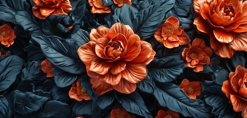 Wall Mural - close-up view of a vibrant arrangement of orange flowers with dark green leaves, creating a striking contrast.