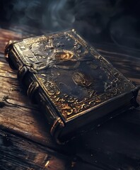 a detailed close-up of an old, ornate book with a gold-colored cover, resting on a wooden surface.