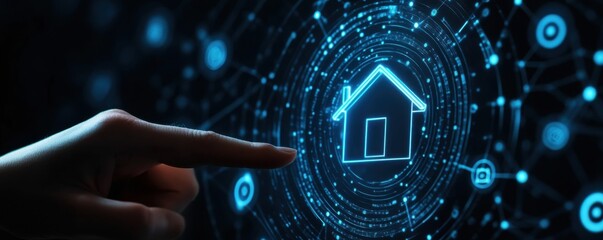 Poster - A finger pointing at a glowing digital house icon, symbolizing smart home technology and innovation