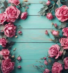 Wall Mural - Pink roses on a turquoise wooden background