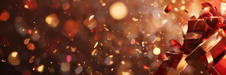 Wall Mural - A festive scene with red gift boxes and gold ribbons, set against a dark background with bokeh lights and confetti.