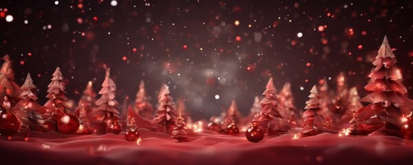 Wall Mural - A digital illustration of a snowy forest scene with Christmas trees and ornaments, set against a dark background with falling snowflakes.