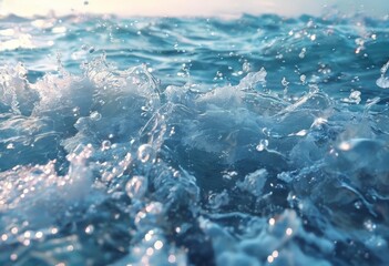 Wall Mural - a close-up view of the ocean's surface, showcasing the dynamic movement of water as it splashes and churns, creating a display of light and shadow.