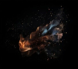 Wall Mural - a swirling, ethereal flame with a mix of orange and blue hues, accompanied by a scattering of small particles in the dark background.