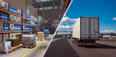 Poster - Logistics industry. Storage and transportation of goods. Truck is carrying goods from warehouse. Storage with barrels on racks. Cargo van is driving down road. Logistics business. Cargo delivery