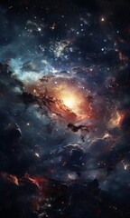 Wall Mural - a digital artwork depicting a cosmic scene with a swirling nebula, stars, and a bright sun at its center.